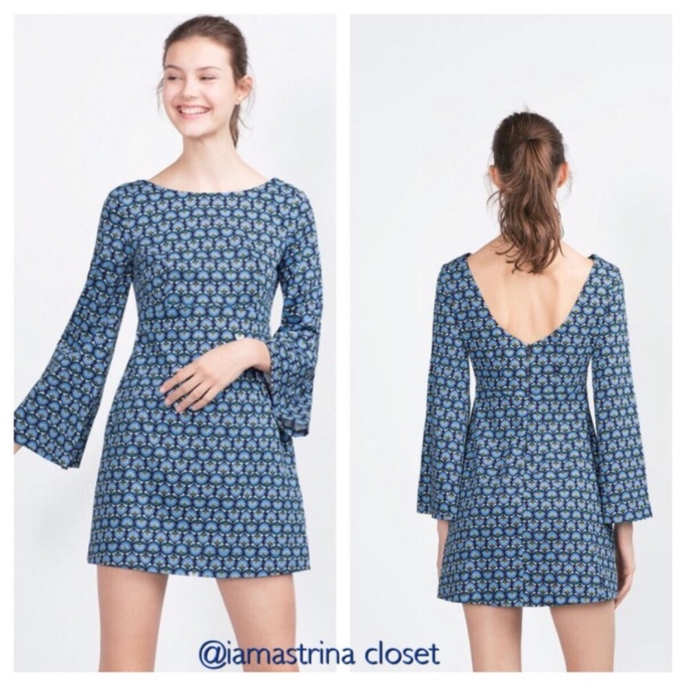 ZARA Trafaluc XS 60s Retro BlueFloral Bell Sleeves